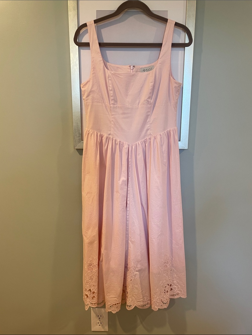 Wayf Pale Pink Sleeveless Eyelet-Hem Midi Dress